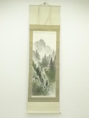 緑水筆　彩色山水　肉筆絹本掛軸